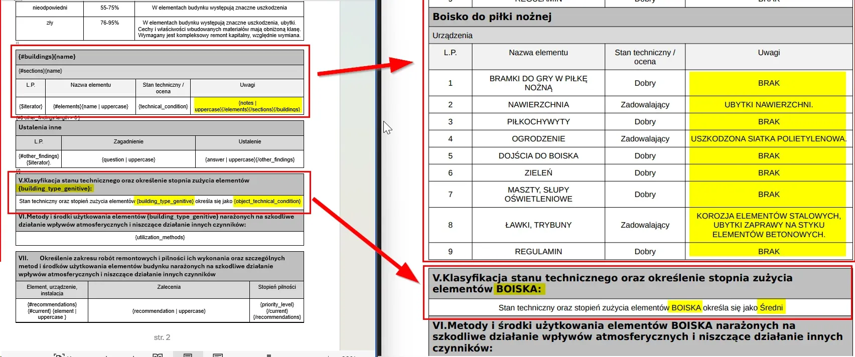 Po lewej szablon po prawej wygenerowany protokół (fragment)